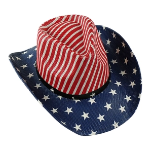 Detailed close-up of woven straw cowboy hat with American flag stars and stripes pattern
