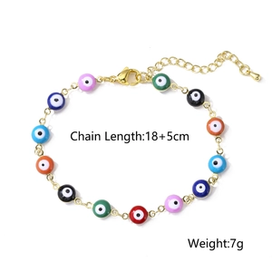 Detail of gold plated evil eye bracelet showing 18+5cm chain length and lobster clasp