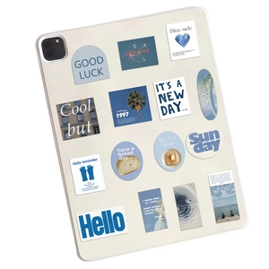 Set of 57 vintage blue minimalist ins style aesthetic stickers on a tablet back