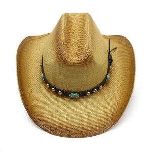 Khaki hand-woven straw jazz hat with black leather band and turquoise studs decor