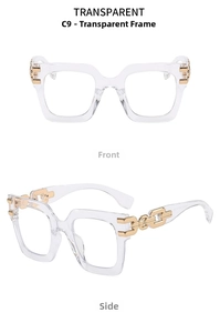 Detail of square transparent sunglasses featuring bold gold chain metal temples and accents