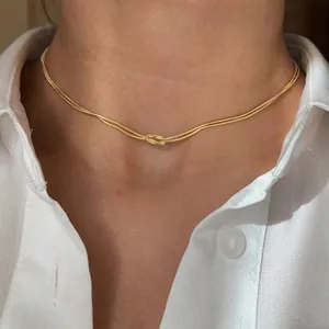 Minimalist Round Snake Chain Necklace Stainless Steel Knot Pendant Adjustable Clasp Elegant Jewelry For Women