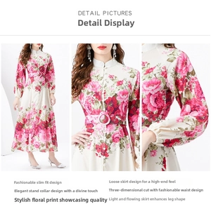 Detail view of floral print maxi dress featuring stand collar and lantern sleeves