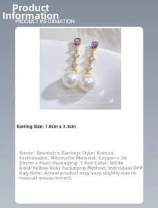 Detail view of gold drop earrings with purple zircon and white pearl, size 1.0cm by 3.3cm