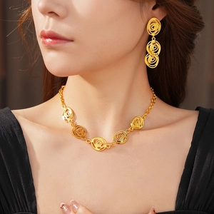 Close-up of golden spiral jewelry set with necklace and earrings on model
