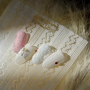 3D embossed knit texture nail stickers with pearls and bows for winter manicure