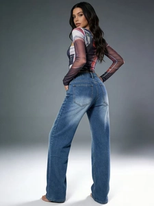 Rear side view of high waist wide leg jeans showing pocket detail and slim fit cut