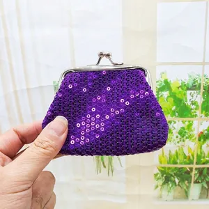 Mini portamonete con paillettes viola e chiusura in metallo argentato per donne e bambini