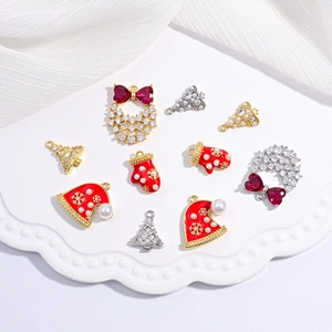 Christmas Pendants Brass Artificial Pearl Zircon Enamel Tree Hat Bow Glove Festive Holiday Jewelry Accessories