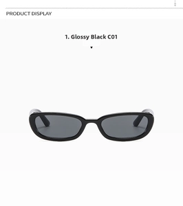 Front view of shiny black narrow oval sunglasses with dark grey UV protective lenses