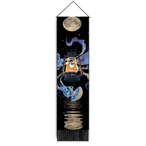 Detail of Nordic tapestry featuring a glowing lantern, jellyfish, and fringed tassels