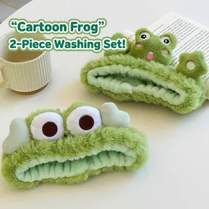 Bandeaux grenouille mignons en peluche verte pour le lavage du visage et les soins, lot de 2