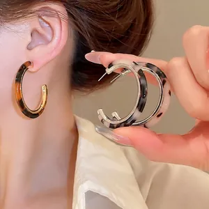 C-Shape Hoop Stud Earrings Resin And Alloy With 925 Sterling Silver Earring Post Vintage Retro Tortoise Shell For Women