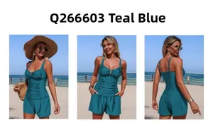 Detailed three-way view of teal blue tankini set with wide-leg shorts on a sunny beach