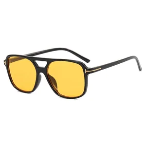 Retro square aviator sunglasses with black frame, yellow lenses and T-shaped metal hinges