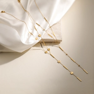 Butterfly Pendant Y-Shaped Necklace 18K Gold Plated Stainless Steel Long Bar Tassel Chic Minimalist Fashion Jewelry For Women