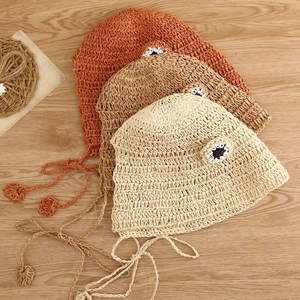 Handmade straw sun hat with cute frog eyes design in three colors for summer beach
