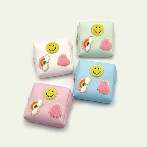 Cute pastel PU leather storage bags with chenille patches smiley and rainbow