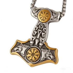 Vintage Viking Thor Mjölnir hammer pendant with silver wolf heads and rune details
