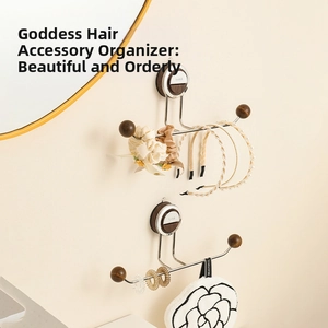 Close-up of wall-mounted stainless steel hair accessory rack with elegant wooden accents