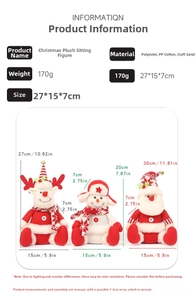 Detailed size specifications for Christmas reindeer, snowman, and Santa plush dolls