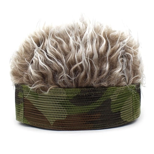 Creative camouflage visor hat with brown and white wig hair for hip hop and outdoor fashion