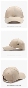 Detailed views of beige cotton baseball cap with black star embroidery and metal buckle