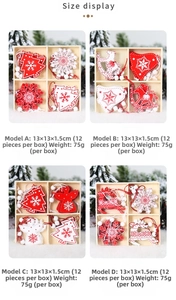 Macro view of red and white painted wooden Christmas ornaments in a grid box