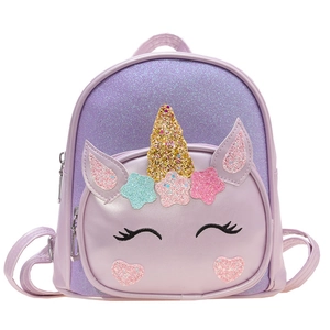 Purple glitter unicorn backpack for girls with sparkling sequins and cute 3D horn detail