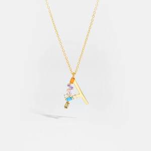S925 sterling silver gold necklace with letter A pendant and colorful gemstones