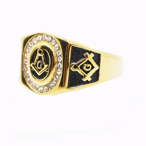 Vintage gold Freemason ring for men with G symbol and white rhinestones inlay
