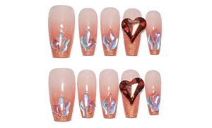 Detail of 10pcs gradient coffin press-on nails with 3D rhinestones and red heart jewels