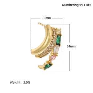 Gold C-shaped multi-layered earrings with colored crystals and emerald-style zircons
