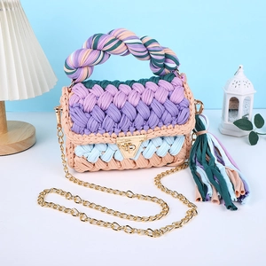 Handmade woven crossbody bag with chain strap, colorful crochet shoulder bag for women.