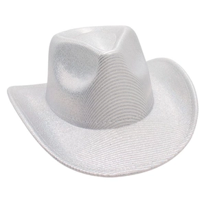 Close-up of silver sequin texture on western cowboy hat with metallic shine and wide brim