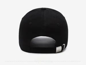 Detail view of cotton baseball cap back with adjustable silver metal buckle and stitching