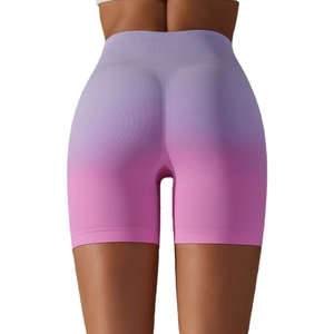 Purple and pink gradient high-waisted seamless yoga shorts with peach lift effect