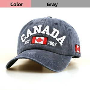 Detailed close-up of grey cotton baseball cap with 3D Canada maple leaf embroidery