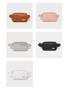 Detailed grid view of PU leather waist bags in brown, pink, grey, black, and white colors