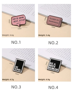 Collage of enamel pins featuring a pink speech bubble and rectangular badges on books