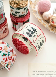 Detail of Christmas ribbons with cedar trees and gingerbread man patterns for holiday decor
