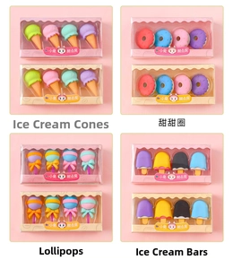 Detailed close-up of cute dessert-shaped erasers including donuts and ice cream sets