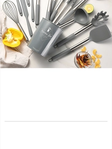 Modern 15-piece gray silicone and stainless steel kitchen utensil set on marble surface