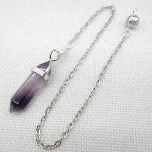Natural hexagonal amethyst crystal bullet pendant necklace with polished silver metal chain