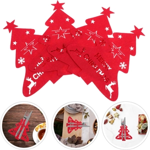 Christmas tree shaped felt cutlery holder in red with Merry Christmas festive pattern