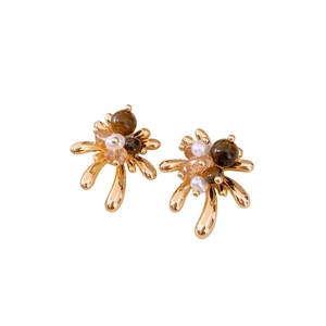 18K gold plated tiger eye earrings with vintage abstract floral design and crystal beads
