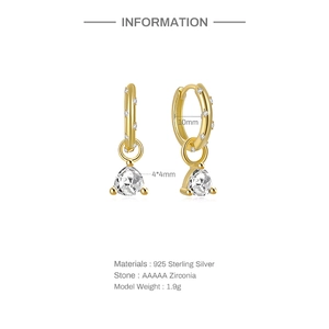 Detail showing dimensions of S925 silver hoop earrings with a drop-shaped cubic zirconia