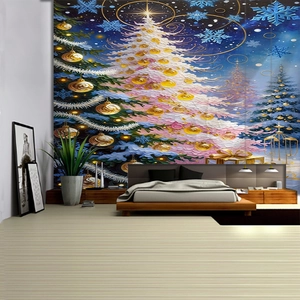 Detailed view of a white Christmas tree tapestry with golden ornaments on a starry blue backdrop