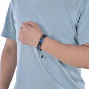 Men's double layer blue tiger eye and black magnetic stone woven beaded bracelet