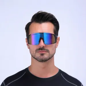 Polarized sports sunglasses for cycling with large colorful lenses and black frame